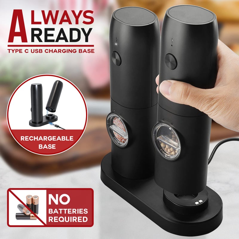 Jeadiuwe Electric Salt and Pepper Grinder Set of 2 automatic pepper mill USB rechargeable Adjustable Coarseness One-handed operation ceramic burr refillable Auto grinders with charging base LED light - Image 3